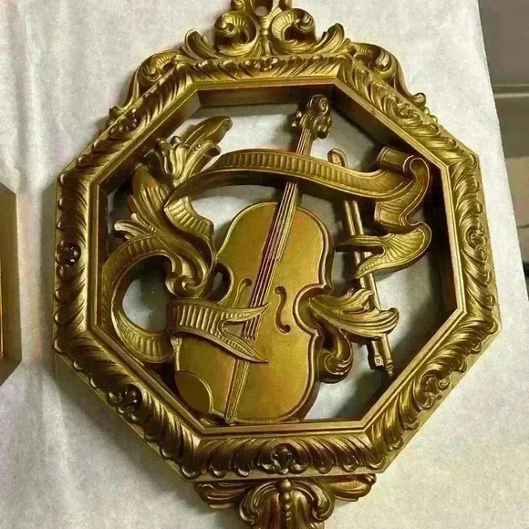 Set of 4 Octagon Gold Ornate Floral and Musical Instrument Wall Hangings Vintage - Picture 2 of 9